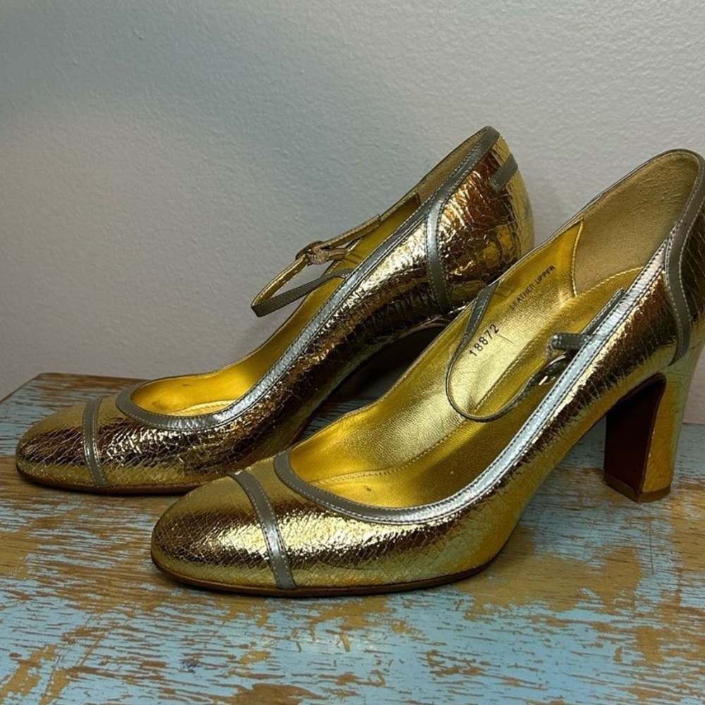 J Crew made in Italy gold leaf leather heeled strap dress shoe 8.5